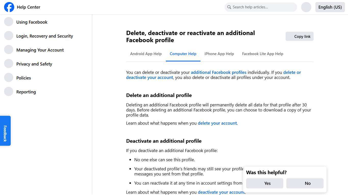 Delete, deactivate or reactivate an additional Facebook profile Facebook Help Center