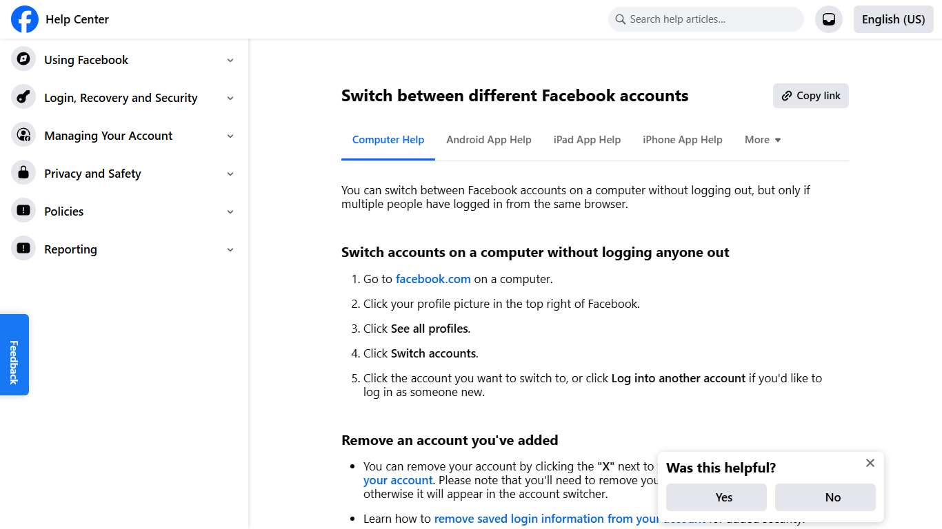 Switch between different Facebook accounts Facebook Help Center